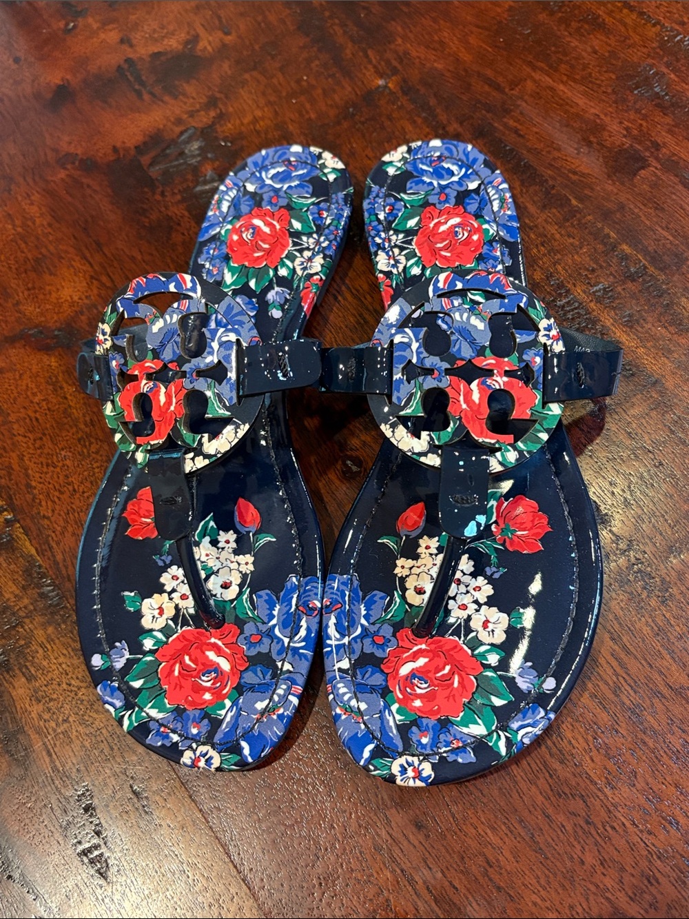 Tory Burch Miller Sandals Navy Floral Patent Leather size 8.5
